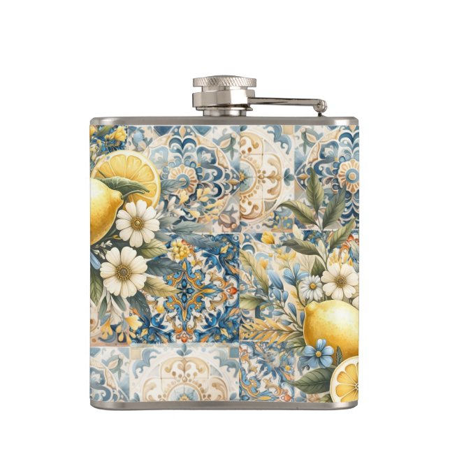 Mediterranean Tile flower Italian Positano Lemon Flask (Back)