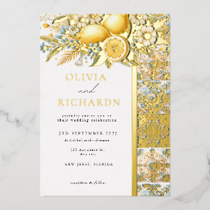 Mediterranean Tile flower Italian Positano Lemon Foil Invitation