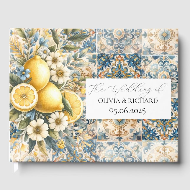 Mediterranean Tile flower Italian Positano Lemon Guest Book (Front)