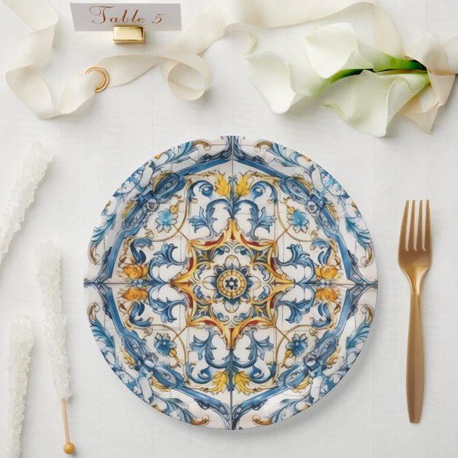 Mediterranean Tile flower Italian Positano Lemon Paper Plates (Wedding)
