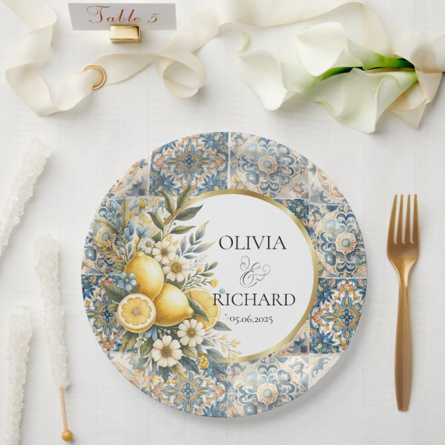 Mediterranean Tile flower Italian Positano Lemon Paper Plates (Wedding)