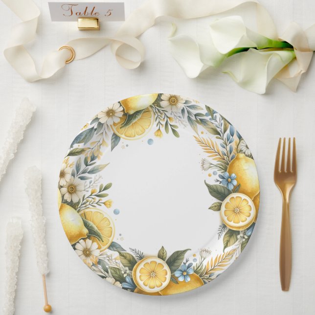 Mediterranean Tile flower Italian Positano Lemon Paper Plates (Wedding)
