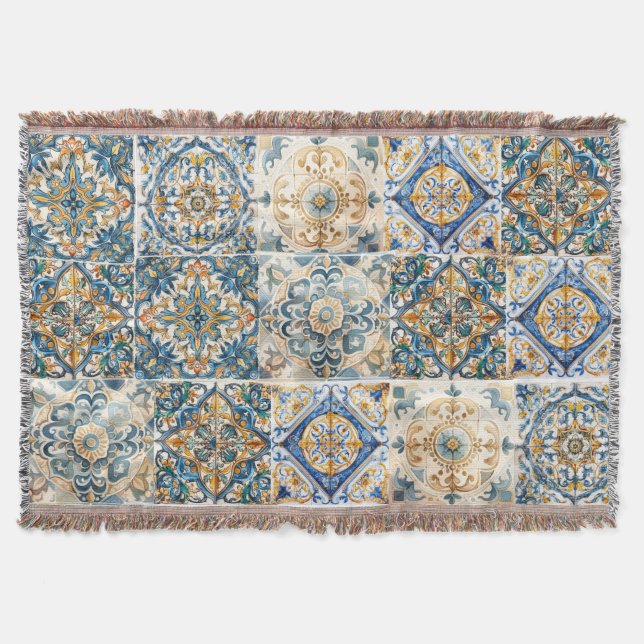 Mediterranean Tile flower Italian Positano Lemon Throw Blanket (Front)