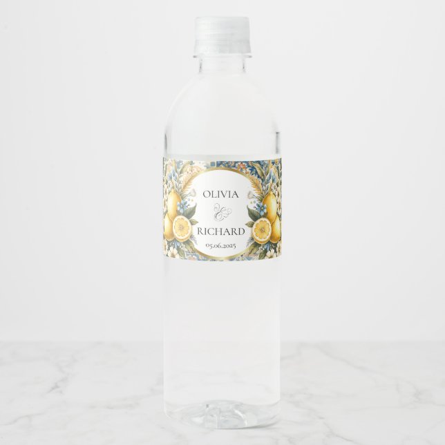 Mediterranean Tile flower Italian Positano Lemon Water Bottle Label (Front)