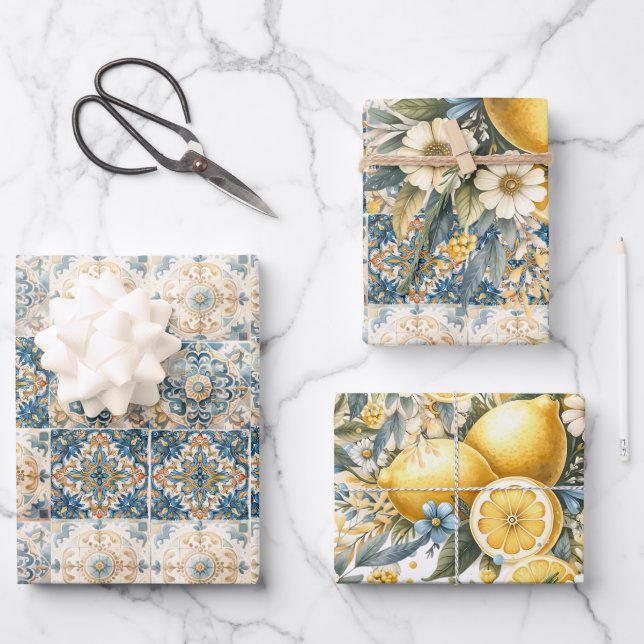 Mediterranean Tile flower Italian Positano Lemon Wrapping Paper Sheets (Front)
