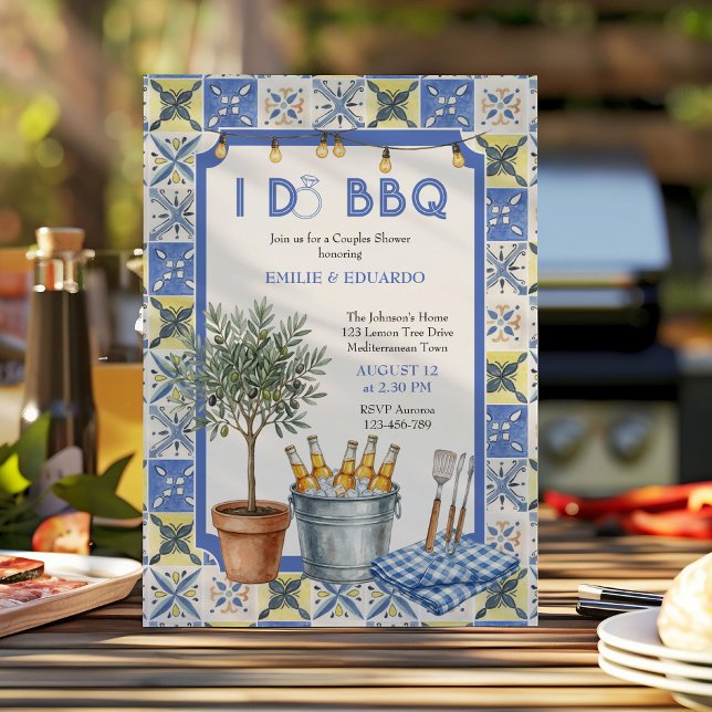 Mediterranean Tile I Do BBQ Couples Bridal Shower Invitation (I DO BBQ Mediterranean themed Couples Wedding Shower Invitation by Darling & May)