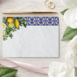 Mediterranean Tile Lemon 5x7 Wedding Invitation Envelope<br><div class="desc">A modern monogram Mediterranean tiles and lemons wedding design with a Mediterranean style white wash wall background. A Mediterranean destination themed wedding design that uses watercolor illustrations of blue, white and yellow tiles and lemons to create an elegant summer wedding design. A charming destination Spanish, Greek, Italian or Portuguese Summer...</div>