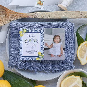 Mediterranean Tile Lemon Baby Girl First Birthday Invitation
