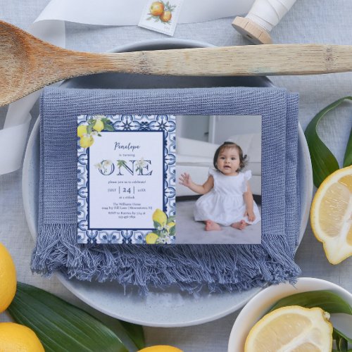 Mediterranean Tile Lemon Baby Girl First Birthday Invitation