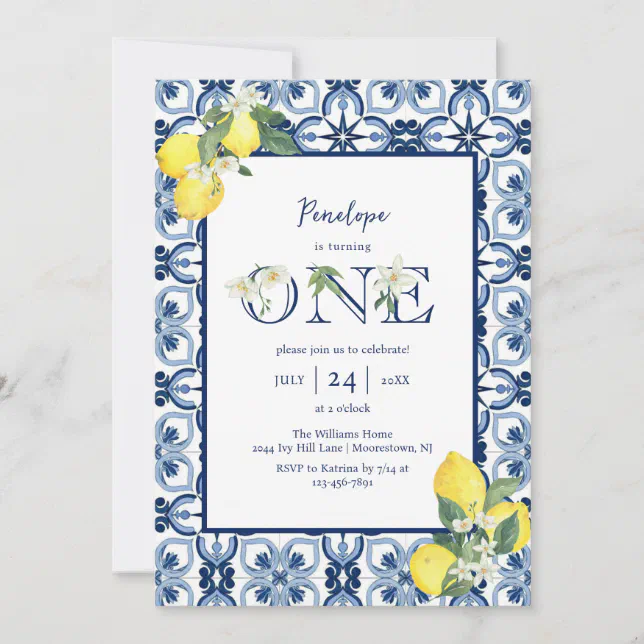 Mediterranean Tile Lemon Baby Girl First Birthday Invitation | Zazzle