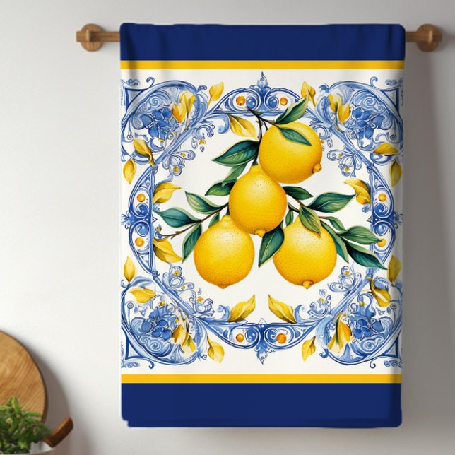 Mediterranean Tile Lemon Bouquet Kitchen Towel (Pretty blue and white lemon Mediterranean tile kitchen towels will brighten any kitchen.)