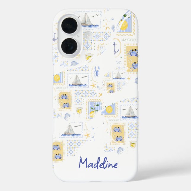 Mediterranean Tile Lemon Coastal Monogram Name Case-Mate iPhone Case (Back)
