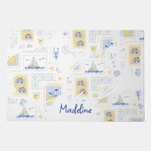 Mediterranean Tile Lemon Coastal Monogram Name Doormat