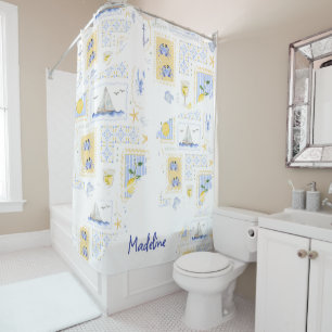 Mediterranean Tile Lemon Coastal Monogram Name Shower Curtain
