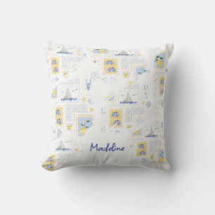 Mediterranean Tile Lemon Coastal Monogram Name Throw Pillow