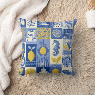 Mediterranean Tile Lemon Coastal Pattern Throw Pillow