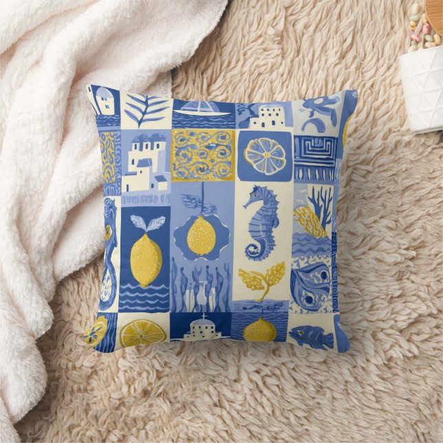 Mediterranean Tile Lemon Coastal Pattern Throw Pillow (Blanket)