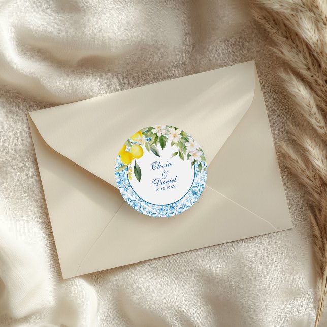 Mediterranean Tile & Lemon Favor Sticker (Mediterranean Blue Tiles and Lemons Wedding Classic Round Sticker on a wedding envelope.)