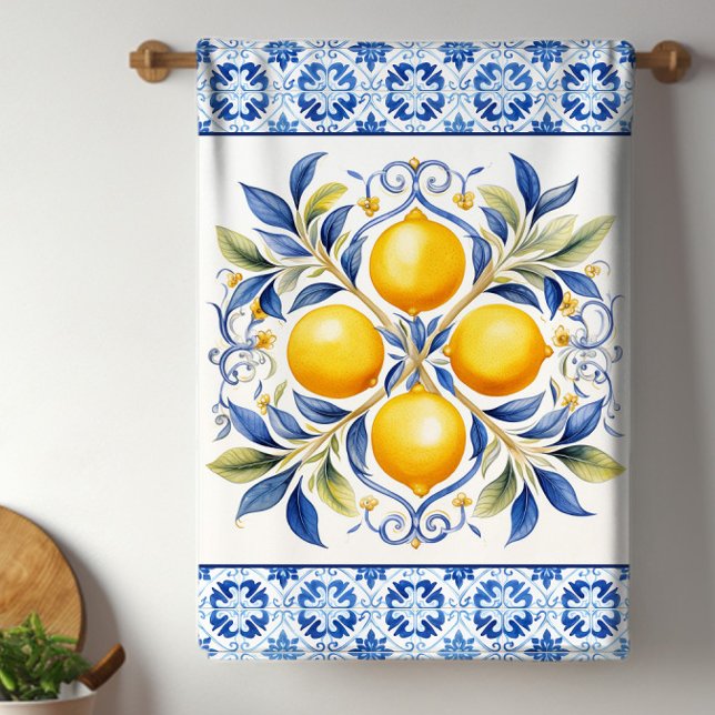 Mediterranean Tile Lemon Kitchen Towel (Beautiful Mediterranean tile and lemons kitchen towel. )