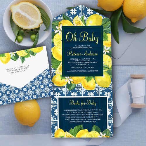 Mediterranean Tile Lemon Orchard Navy Baby Shower All In One Invitation