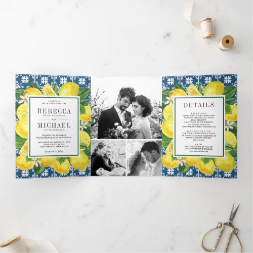 Mediterranean Tile Lemon Photo Collage Wedding Tri_Fold Invitation