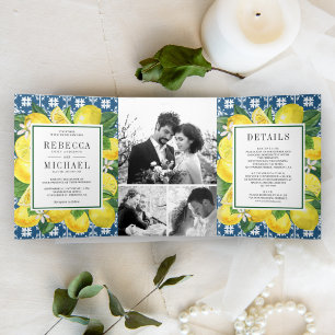 Mediterranean Tile Lemon Photo Collage Wedding Tri-Fold Invitation