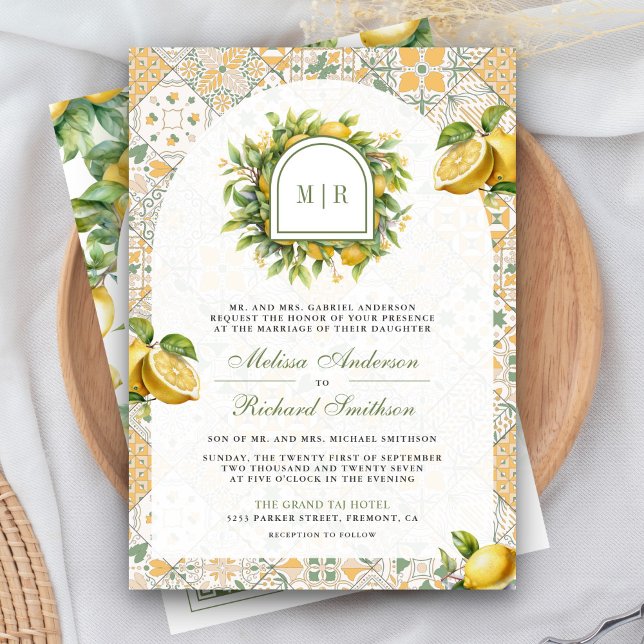 Mediterranean Tile Lemon QR Code Photo Wedding Invitation (Creator Uploaded)