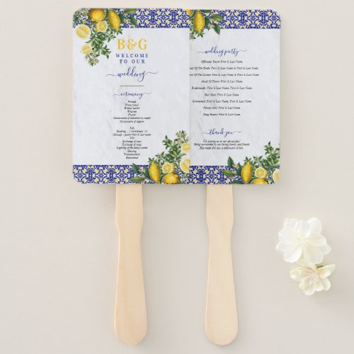 Mediterranean Tile Lemon Wedding Program Hand Fan