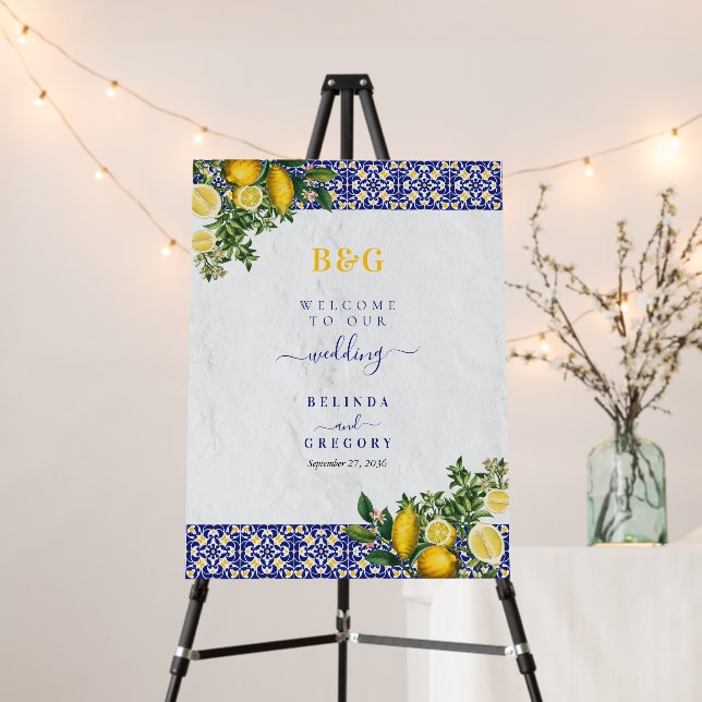Mediterranean Tile Lemon Wedding Welcome Sign (In Situ (Stand))