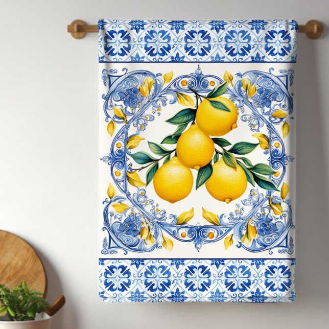 Mediterranean Tile Lemons Kitchen Towel (Mediterranean blue and white tiles with colorful lemon kitchen towels will brighten and kitchen.)
