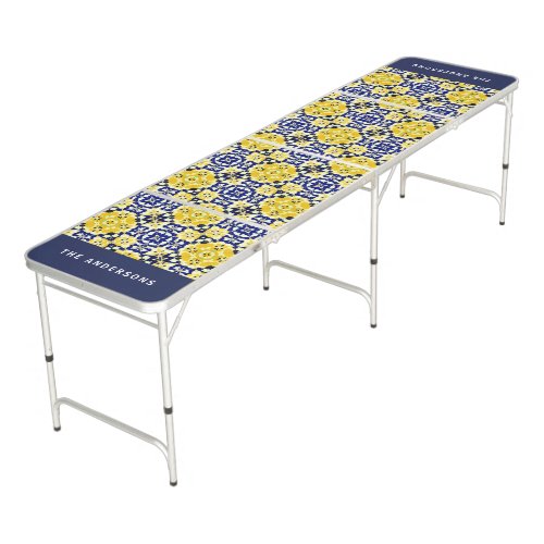 Mediterranean Tile Pattern Blue Yellow Custom Name Beer Pong Table