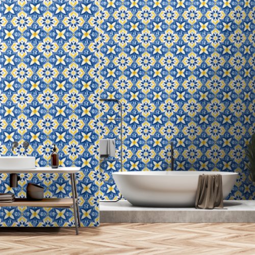 Mediterranean Tile Pattern Floral Blue Yellow Wallpaper