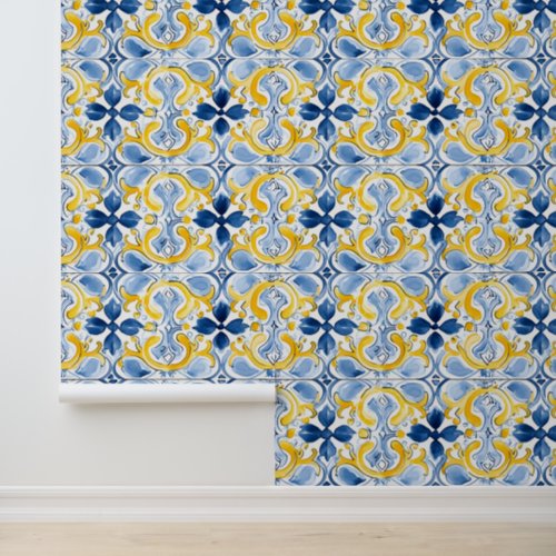 Mediterranean Tile Patterns Blue Yellow Marble  Wallpaper
