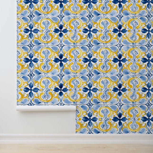 Mediterranean Tile Patterns Blue Yellow Marble  Wallpaper (Application)