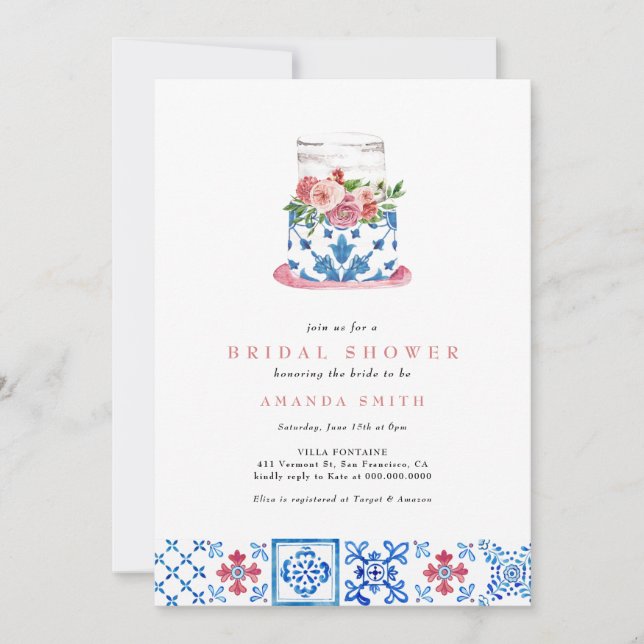 Mediterranean Tile Pink Floral Cake Bridal Shower Invitation (Front)