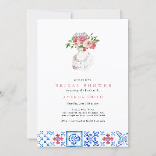 Mediterranean Tile Pink Floral Girly Bridal Shower Invitation