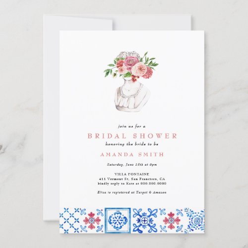 Mediterranean Tile Pink Floral Girly Bridal Shower Invitation