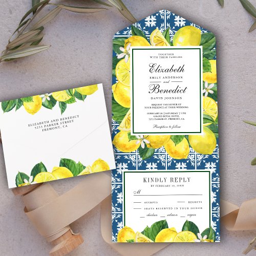 Mediterranean Tile Rustic Lemon Orchard Wedding All In One Invitation