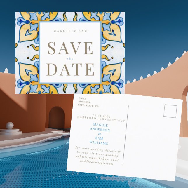 Mediterranean Tile Square Wedding Save the Date  Postcard (Creator Uploaded)