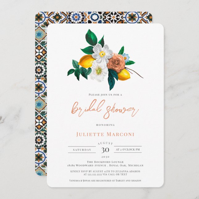 Mediterranean Tile Vintage Floral & Lemons Shower  Invitation (Front/Back)