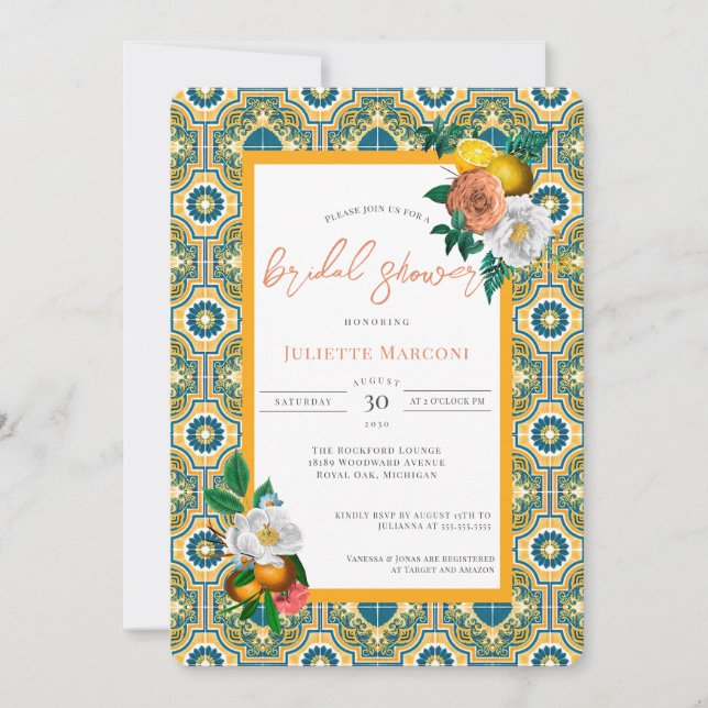 Mediterranean Tile Vintage Floral & Lemons Shower Invitation (Front)