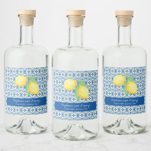Mediterranean Tile Watercolor Lemon Wedding Favor Liquor Bottle Label