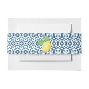 Mediterranean Tile Watercolor Lemon Wedding Invitation Belly Band