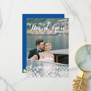 Mediterranean Tile Watercolor Lemons Blue Wedding Thank You Card