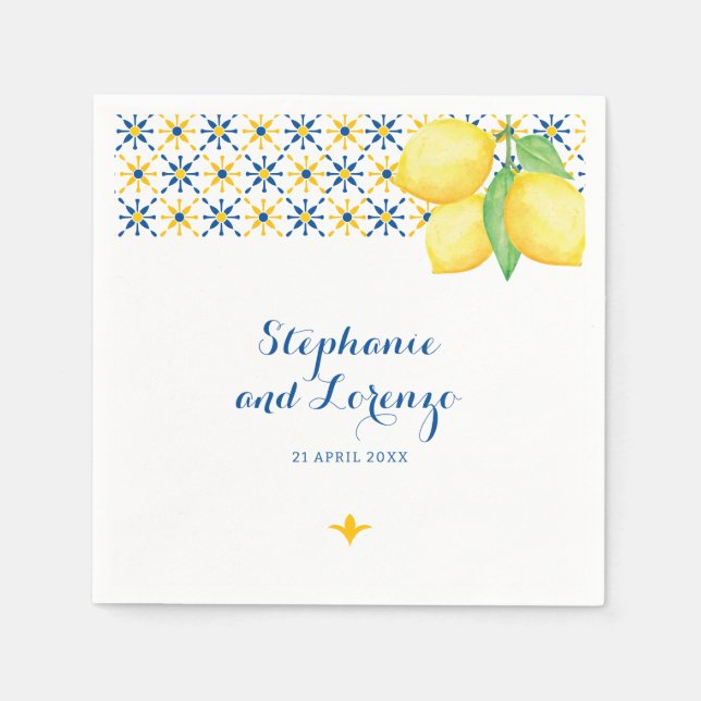 Mediterranean Tile Watercolor Lemons Napkins (Front)