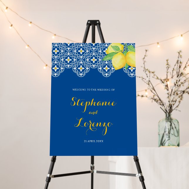 Mediterranean Tile Watercolor Lemons Welcome Sign (In Situ (Stand))