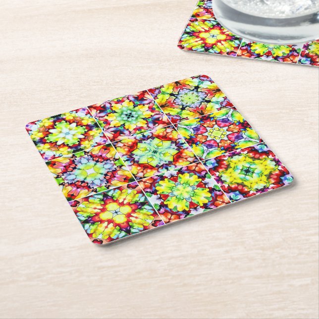 Mediterranean Tiles, Alcohol Ink Tiles, Majolica Square Paper Coaster (Angled)