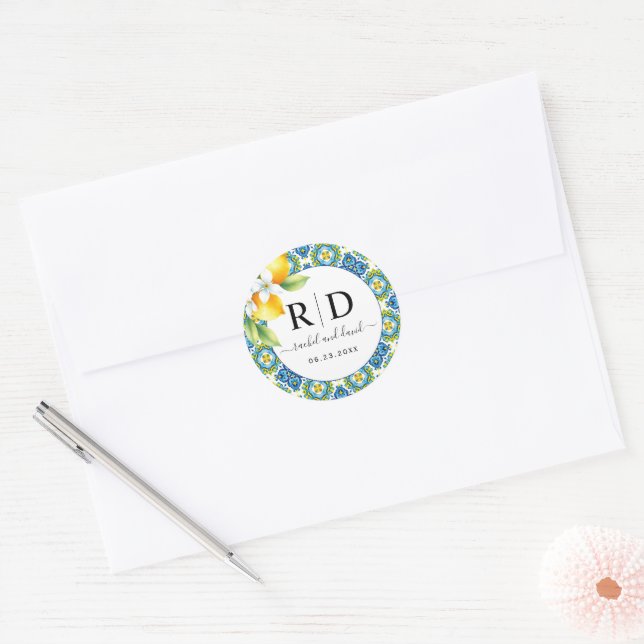 Mediterranean tiles and lemons wedding classic round sticker (Envelope)