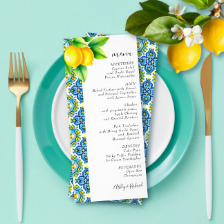  Mediterranean tiles and lemons wedding menu card