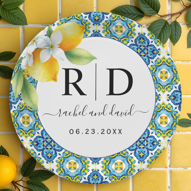 Mediterranean tiles and lemons wedding paper plates (Creator Uploaded)
